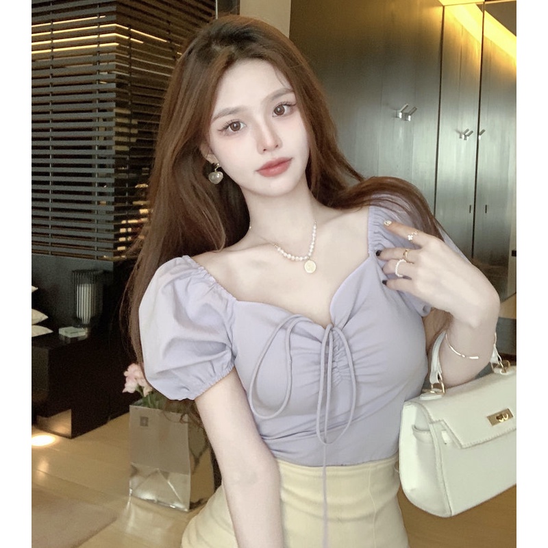 Áo Crop Top Tay Phồng Ngắn Cổ Vuông Dáng Ôm Thời Trang Mùa Hè Mới Cho Nữ