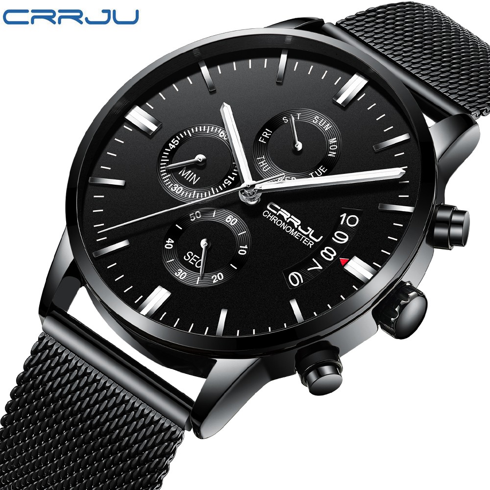 Đồng hồ đeo tay CRRJU 2222M bằng thép không gỉ chống thấm nước đa chức năng thời trang kiểu kinh doanh cho nam