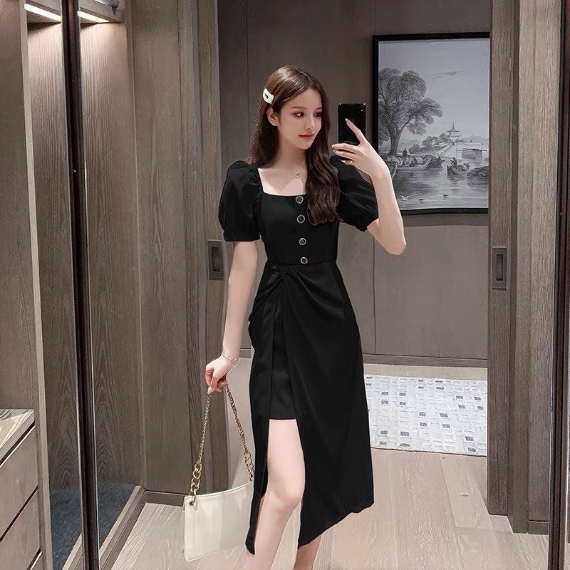 [Mã SKAMA06 giảm 8% tối đa 50K đơn 250K] VNU313 - VÁY CỔ VUÔNG 4 KHUY XẺ TÀ BÊN | BigBuy360 - bigbuy360.vn