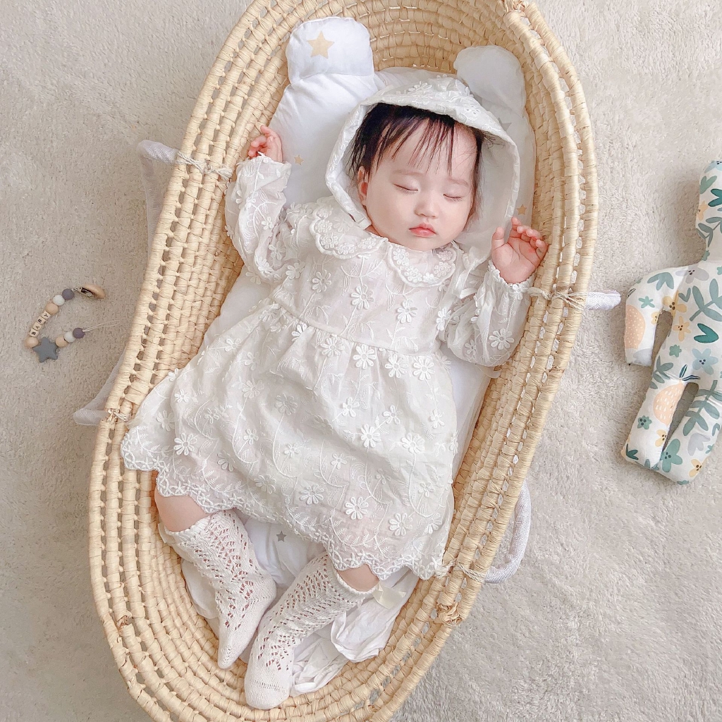 Áo liền quần phối ren & nón trùm đầu đáng yêu cho bé gái