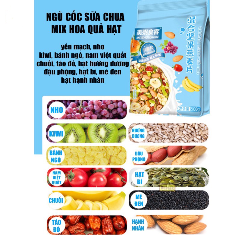 Ngũ Cốc Giảm Cân Sữa Chua Trái Cây Mix Hạt Sấy Khô Oatmeal Yến Mạch Meizhoushike - Ngũ Cốc Ăn Kiêng