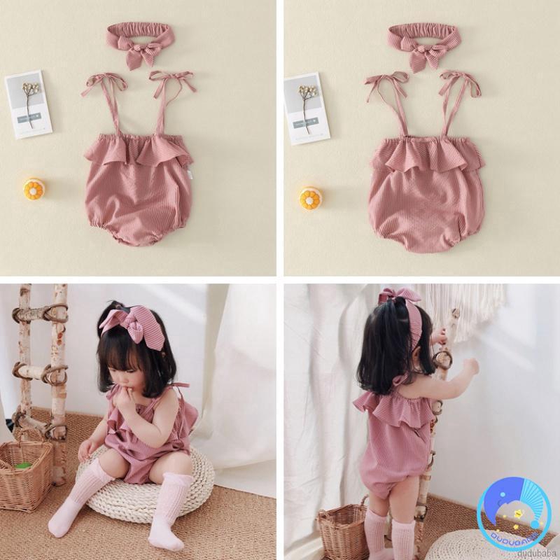 Quần yếm liền áo hai dây màu trơn kèm băng đô thời trang dễ thương cho bé gái