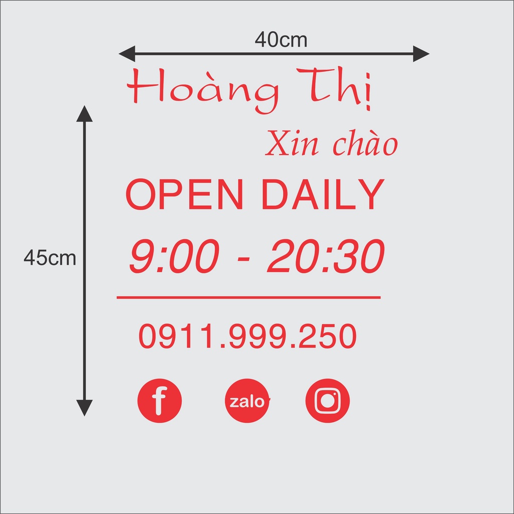 Decal dán cửa kính giờ đóng mở cửa - thay đổi tên và giờ theo yêu cầu
