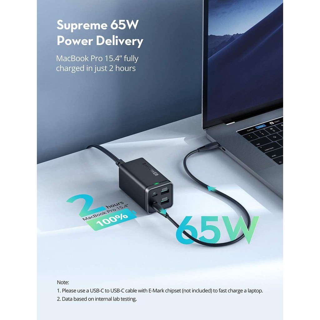 Trạm Sạc Ravpower RP-PC136 65W 4 Cổng, 2 USB-A, 2 USB-C, PD3.0 QC3.0 Sạc Nhanh Điện Thoại Laptop Máy Tính Bảng
