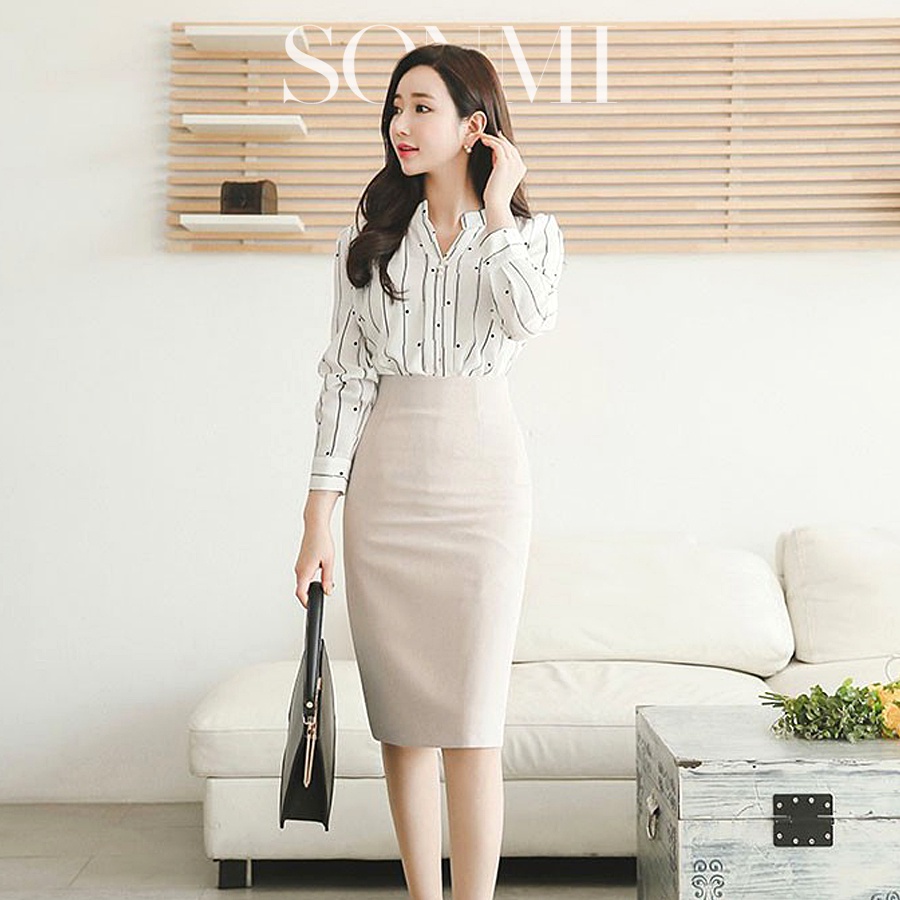 Set Bộ Đồ SONMI Chân Váy Bút Chì Áo Kẻ Sọc Chấm Bi CAMILLE COLETTE
