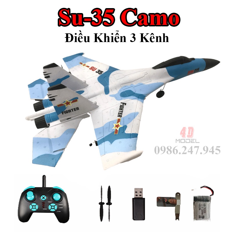 Máy Bay Điều Khiển 3 Kênh Su-35 Camo. KIT xốp EPO đúc. Có mạch cân bằng. Size 44*33*12CM. Pin 3,7V/300mAh. Bay xa 200m