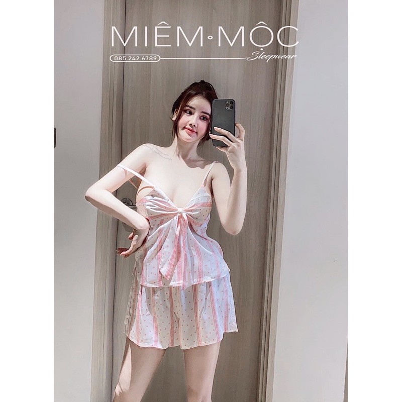 Set hai dây cột nơ áo tầng, quần đùi lụa satin cao cấp quảng châu