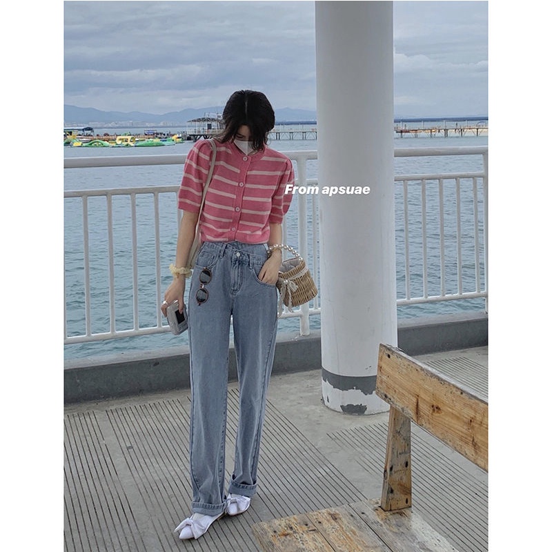 Áo cardigan PURE CUBE dệt kim tay ngắn họa tiết kẻ sọc màu sắc tương phản thời trang xuân hè cho nữ