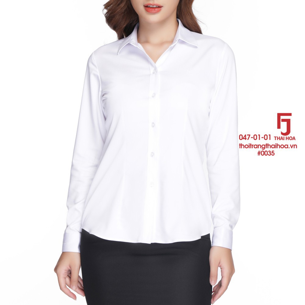Áo sơ mi nữ Thái Hòa 047-01-01, Áo sơ mi nữ công sở dài tay, màu trắng, máu trắng, vải  trơn đanh, mịn | BigBuy360 - bigbuy360.vn