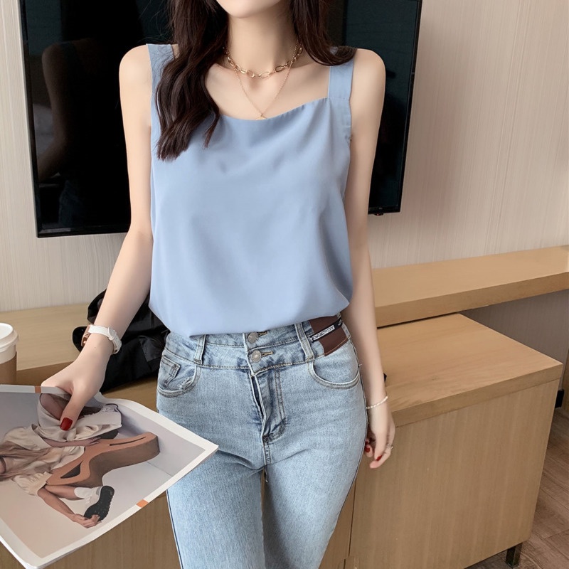 Áo voan RENJIANVSHENG không tay cổ vuông màu sắc đơn giản phong cách Hàn Quốc dành cho nữ