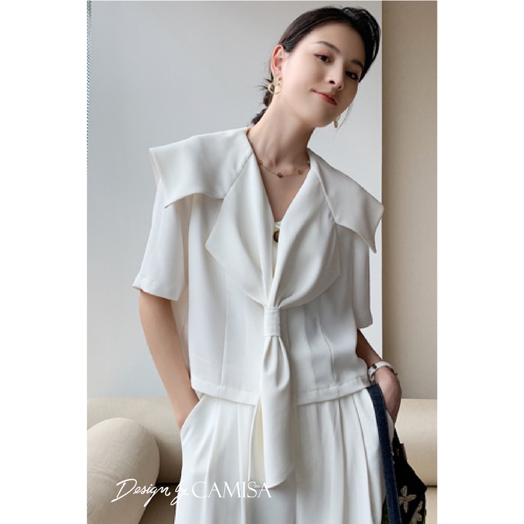 Áo Sơ Mi Nữ CAMISA Công Sở Tay Ngắn Nơ To Cổ Chữ V Hàn Quốc, Sơ Mi Trắng Đen Form Rộng Nữ Kiểu Vải Lụa Cao Cấp CM09