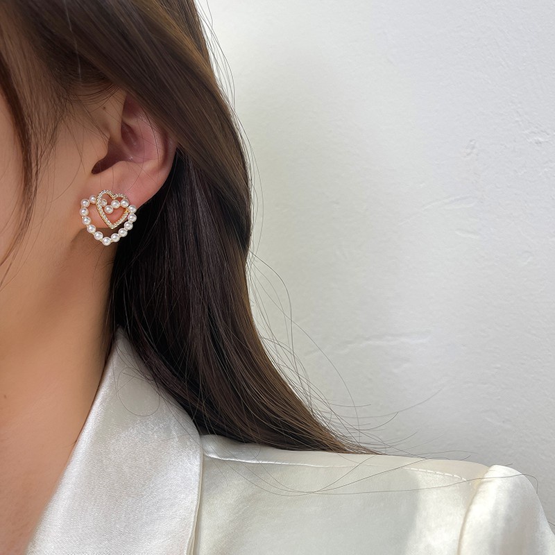 Bông tai mạ bạc 925 hình trái tim đôi đính kim cương ngọc trai giả kiểu Hàn Quốc F028