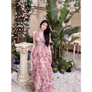 [Order] Váy maxi đầm xoè xếp tầng hoa hồng cổ điển tiểu thư sang chảnh