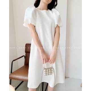 Đầm gấm babydoll tay ngắn cổ tròn đính ngọc