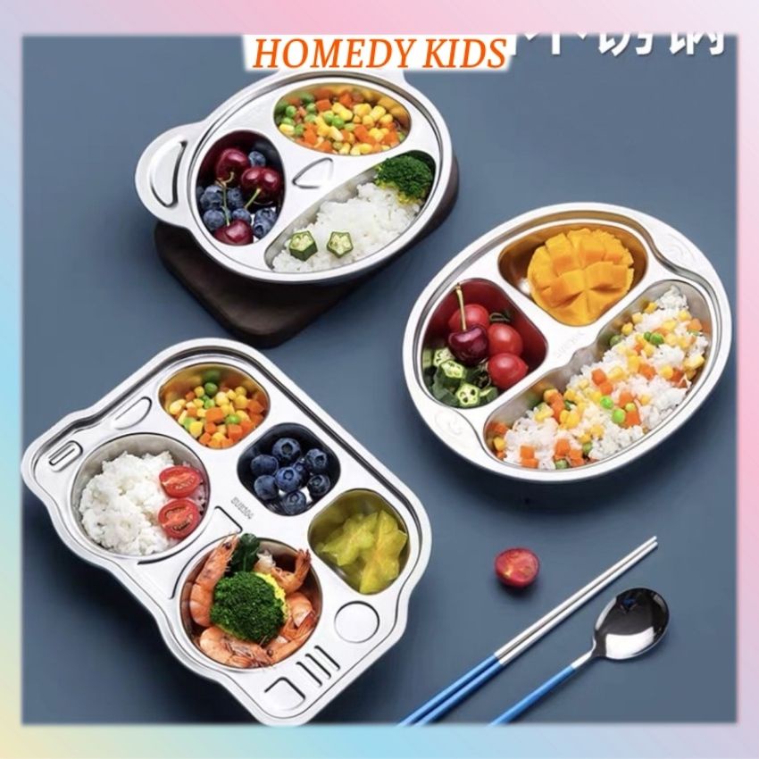 Khay ăn dặm inox 304 an toàn cho bé khay cơm chia ngăn hình ô tô gấu
