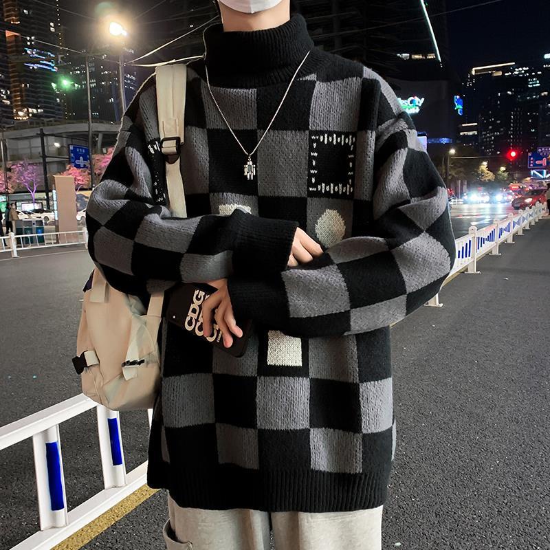 Áo Sweater Dệt Kim Cổ Lọ Dáng Rộng Sọc Ca Rô Kiểu Hồng Kông Thời Trang Thu Đông Cho Nam Size S-2XL
