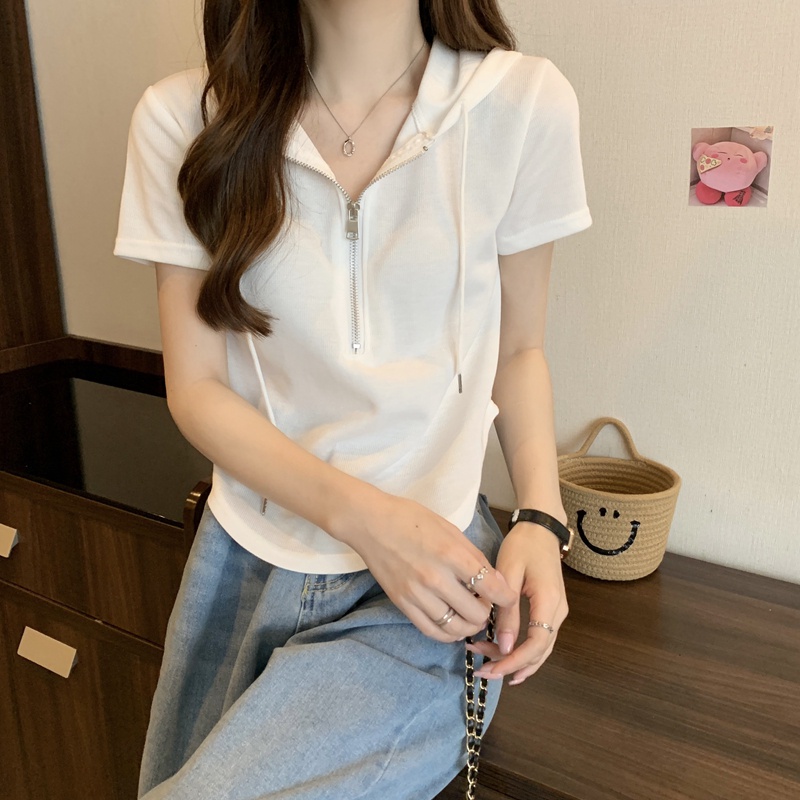 Áo Thun Tay Ngắn Có Mũ Trùm Đầu Màu Sắc Đơn Giản Dành Cho Nữ