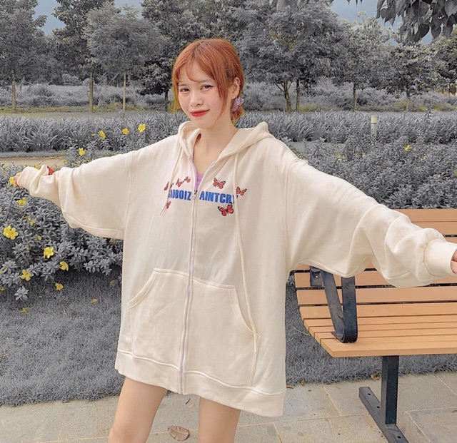 Áo khoác hoodie nỉ mũ khoá in bướm dáng to rộng cánh rơi Hs