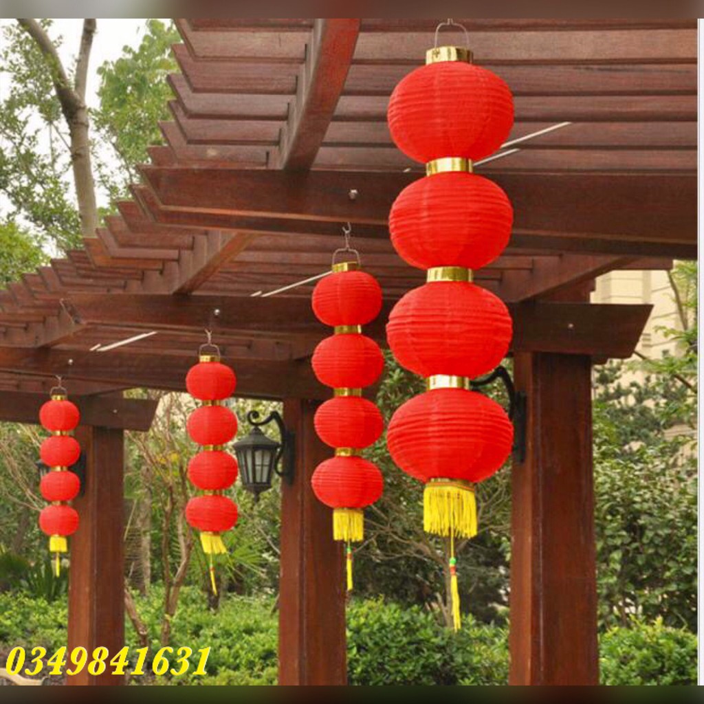Đèn Lồng Vải Liền 3 quả độc đáo chống mưa nắng 25x75cm