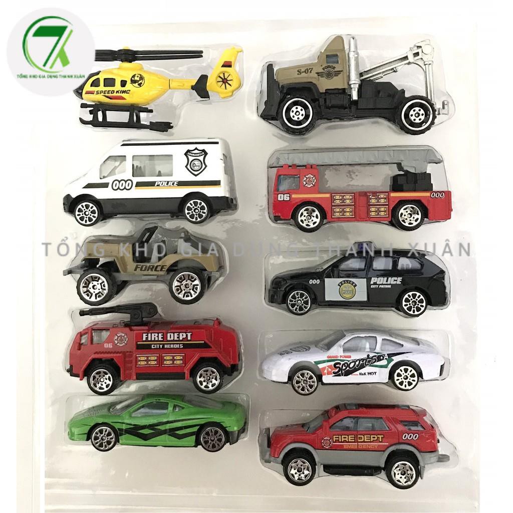 Đồ chơi mô hình xe ô tô đồ chơi cứu hỏa, cảnh sát, quân sự, máy bay, xe tăng, hộp 10 xe cho các bé vui chơi thỏa thích
