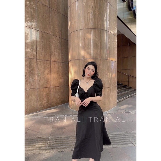 665k đầm lụa đen tay phồng live