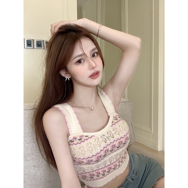 Áo Hai Dây Dệt Kim Họa Tiết Hoa Quyến Rũ Thời Trang Hàn Quốc Cho Nữ