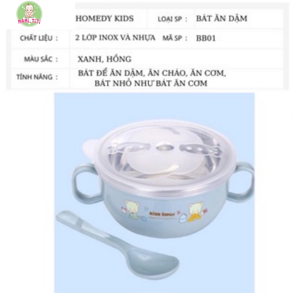 bát ăn dặm lõi inox 304, bát ăn dặm giữ nhiệt kèm thìa cho bé MAMI.TITI