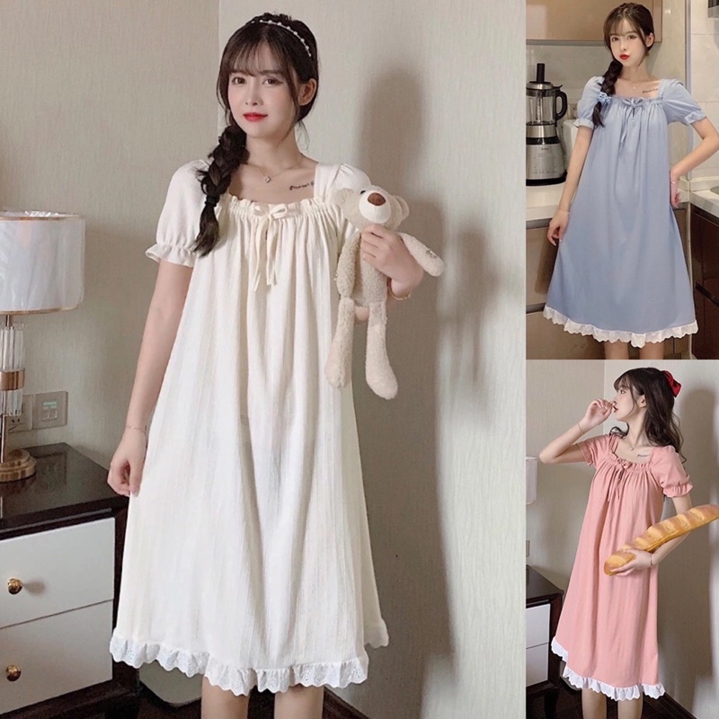 Váy ngủ tiểu thư cổ vuông phối ren đáng yêu, Váy ngủ dáng xuông bánh bèo