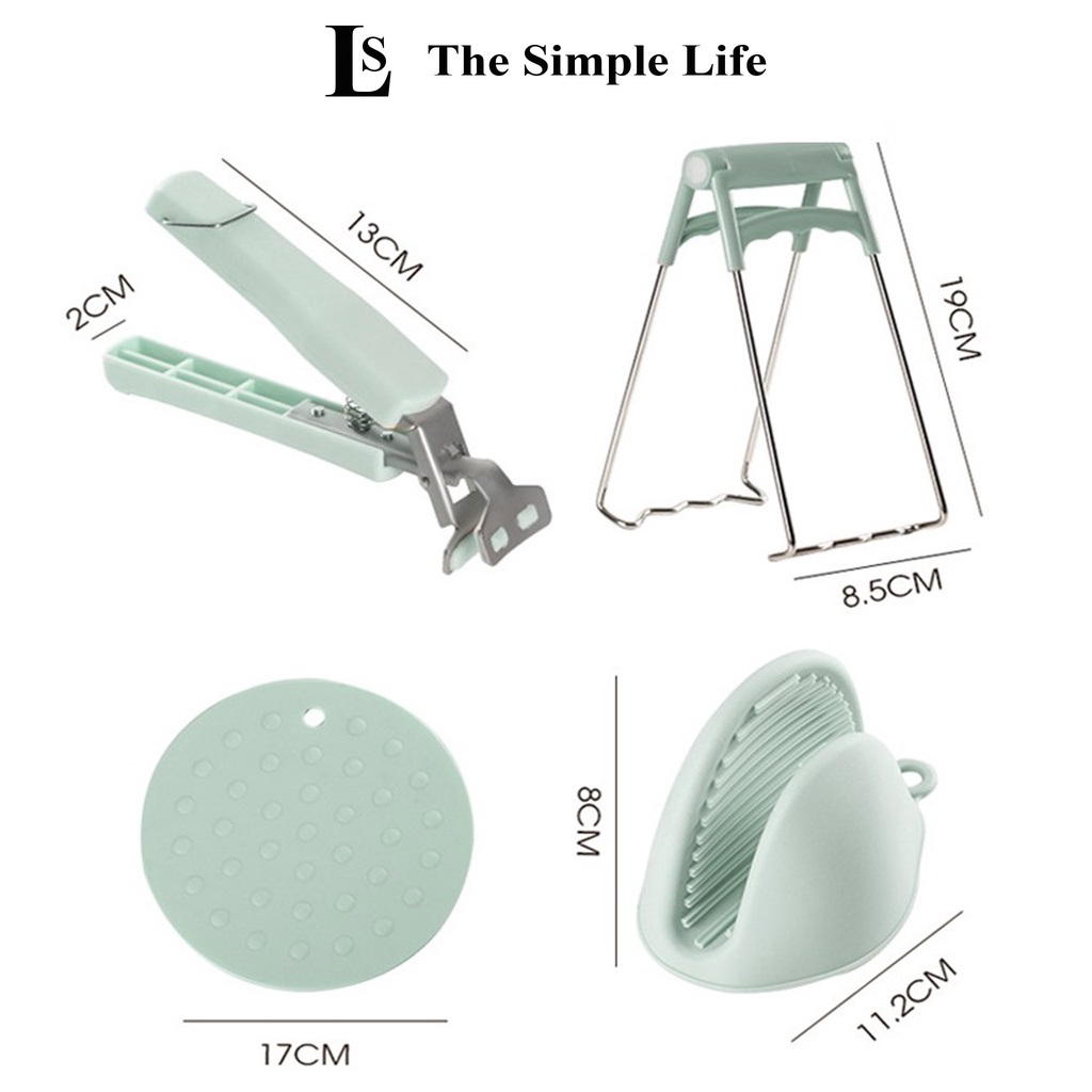 Bộ dụng cụ gắp nóng, găng tay nhấc nồi mỏ vịt, miếng rửa bát đĩa silicon, kẹp gắp inox có lò xo 6 chi tiết [CHÍNH HÃNG]
