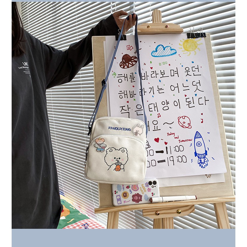 Túi Vải Canvas Đeo Chéo Phong Cách Hàn Quốc Xinh Xắn Dành Cho Nữ