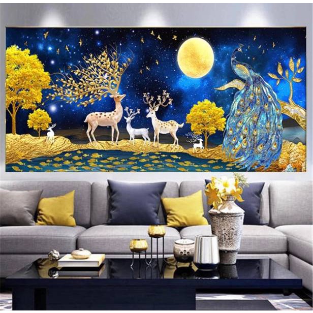 Tranh thêu hươu tài lộc KT:100x55cm,tranh chưa thêu.Tặng kéo và xỏ chỉ.