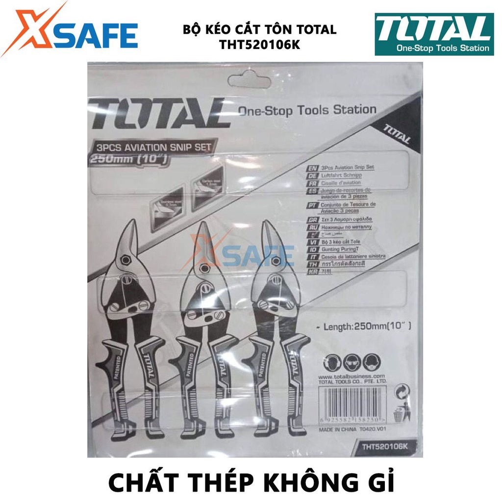 Bộ 3 kéo cắt tôn TOTAL THT520106K Bộ kéo mũi nhọn Chiều dài 250mm (10'') thép Carbon,không gỉ, tay bọc cao su cắt tôn