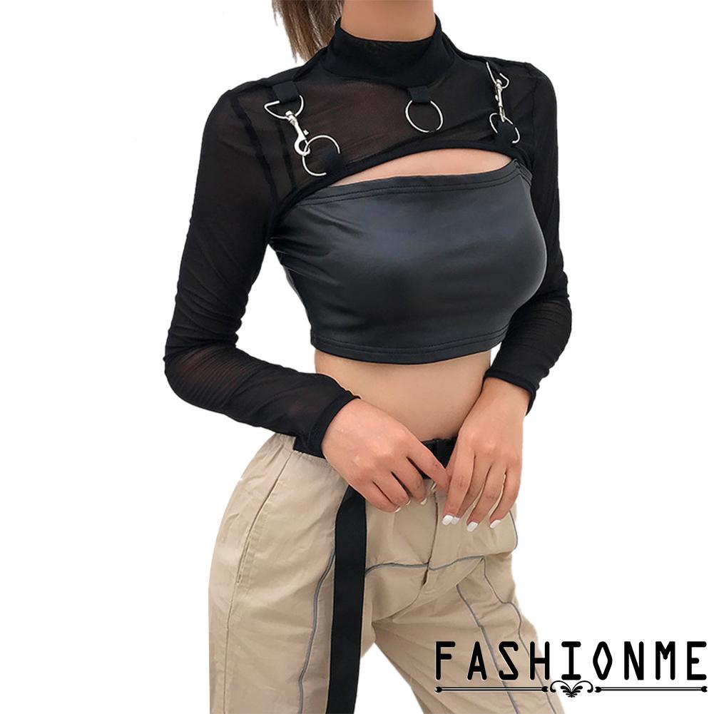 Áo Croptop Tay Dài Phối Lưới Xuyên Thấu Quyến Rũ Cho Nữ