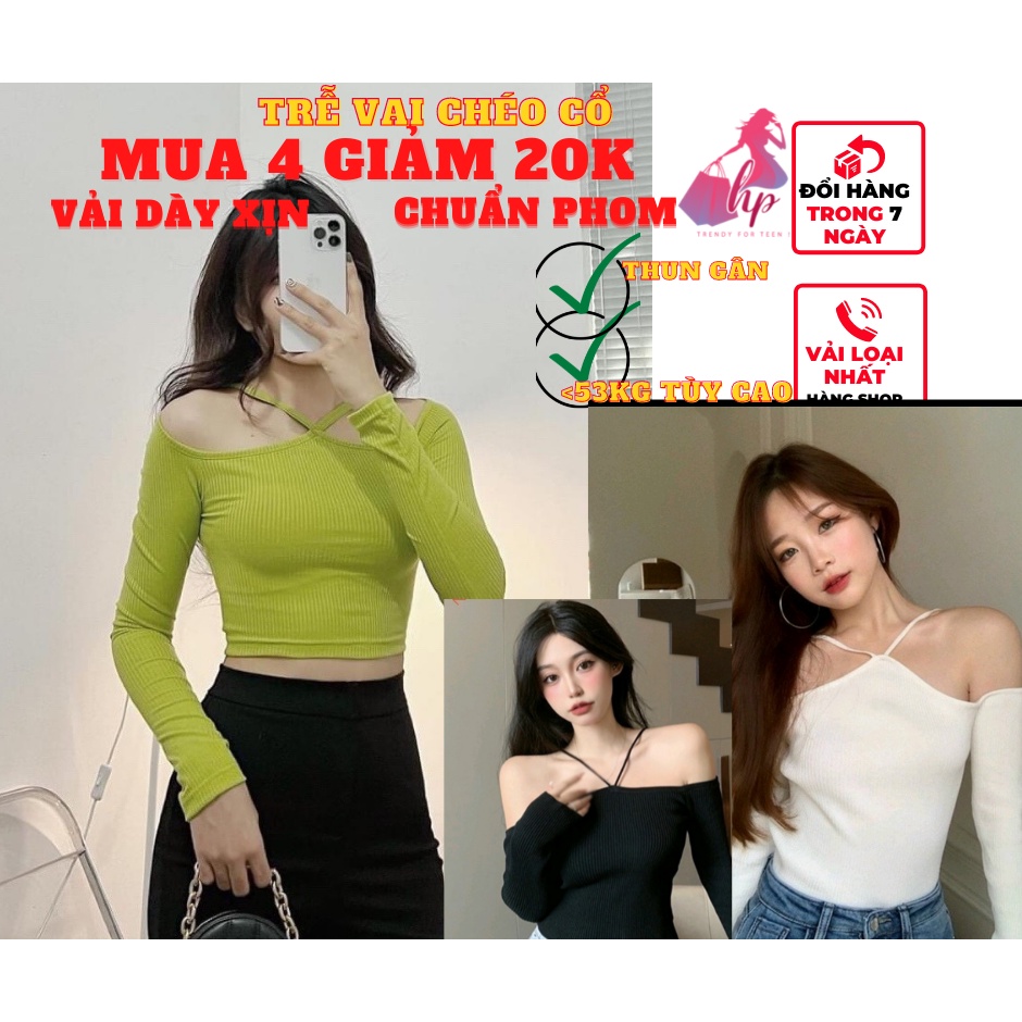 Áo croptop kiểu nữ đẹp bẹt vai tay dài chéo dây phong cách hàn quốc cực dễ thương mẫu mới thời trang-A105