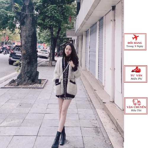 Áo khoác cardigan len nữ lông thỏ viền ngọc oversize dáng dài phom rộng ulzzang Hàn Quốc mùa thu đông