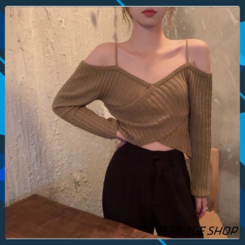 Áo len croptop trễ vai tay dài nữ Hàn Quốc ulzzang | BigBuy360 - bigbuy360.vn