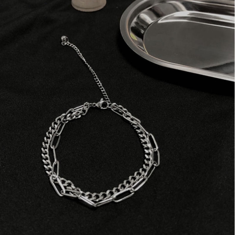 Vòng tay 22463 dạng hai lớp xích bằng thép titan không gỉ không phai màu kiểu Hàn Nhật cho nam và nữ