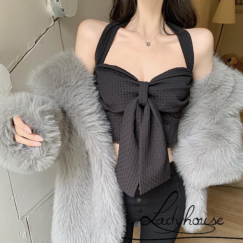 LD-Women’s Casual Halter Vest Fashion Solid Color Bow V-neck Backless Exposed Navel Camisole