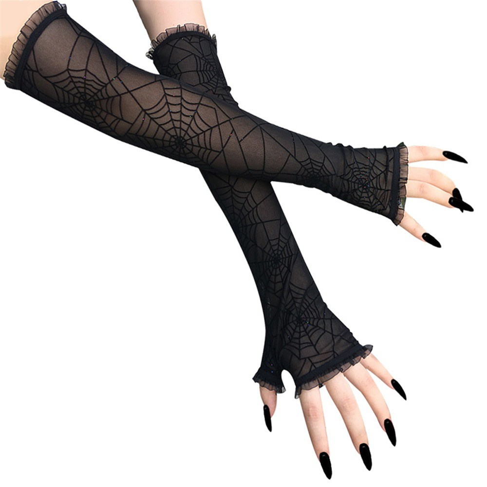 HS 1 Pair of Fancy Dress Up Arm Sleeves Stretchy Gothic Mittens Halloween Gloves Costume Accessory Spider Web Half Finger Cosplay Women Long Gloves