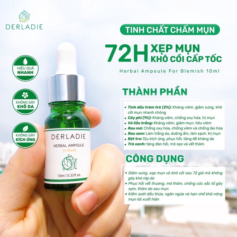 Chấm Mụn Tràm Trà Xẹp Mụn, Khô Cồi Sau 72H Derladie Herbal Ampoule For Blemish 10ML