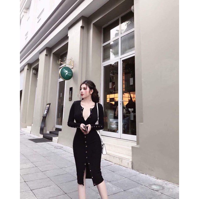 Đầm body dài tay có nút chất thun co giãn tốt đẹp xuất sắc | BigBuy360 - bigbuy360.vn