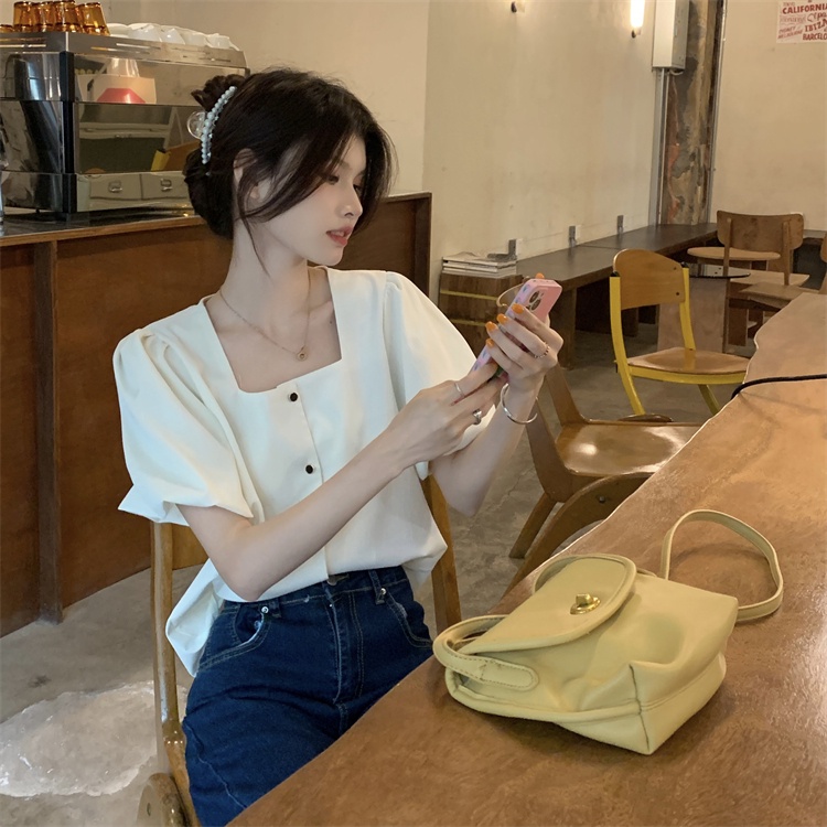 SUXI Áo Kiểu Cổ Vuông Tay Phồng Ngắn Thời Trang Mùa Hè Xinh Xắn Cho Nữ