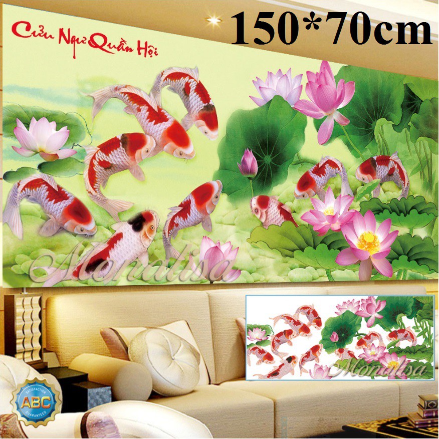 tranh đính đá cao cấp cá chép hoa sen kt 150x70cm