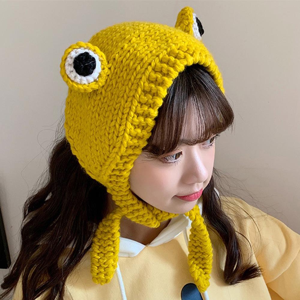 Mũ Beanie Dệt Kim Hình Chú Ếch Mắt To Giữ Ấm Mùa Đông Cho Nữ