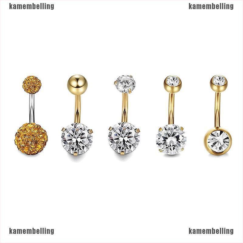 Bộ 5 Khuyên Rốn Bằng Thép Không Gỉ Đính Pha Lê