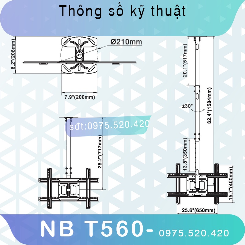 T560 Giá Treo Tivi Thả Trần North Bayou -Giá treo tivi trên trần nhà [Màn hình 32-65inch] [Lắp đặt mọi địa hình]