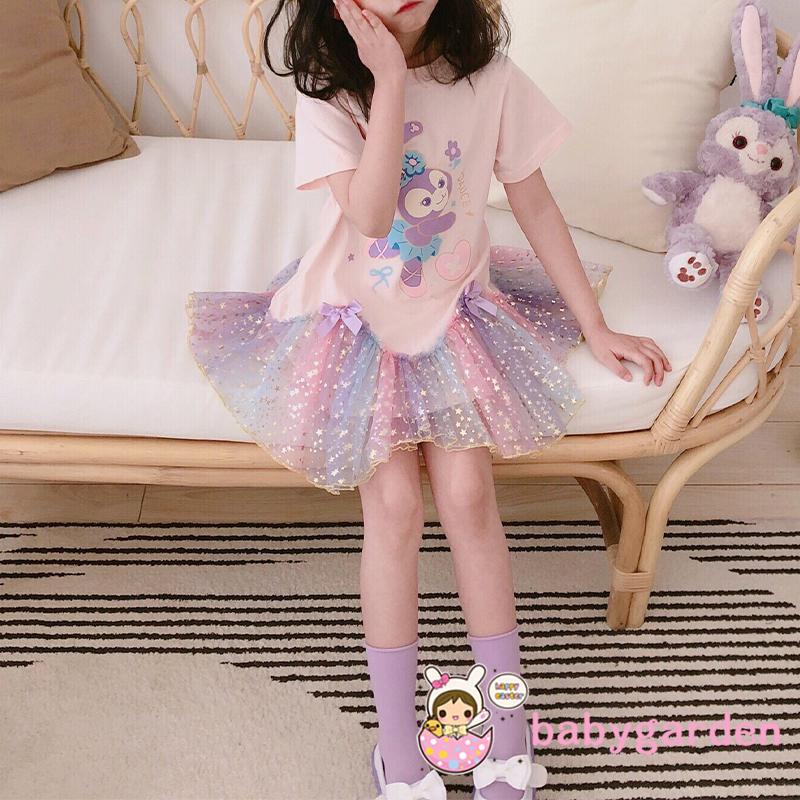 Đầm chữ A tay ngắn in họa tiết thỏ hoạt hình đính kim sa phối lưới dễ thương cho bé gái