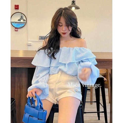 Áo váy trễ vai mặc 2 kiểu xốp nổi XANH tay bồng bèo ngực