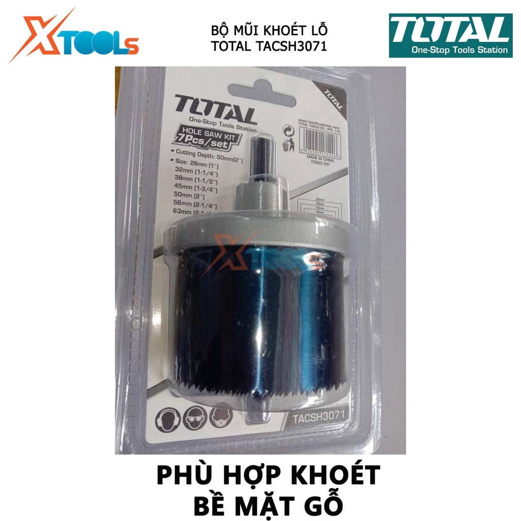 Bộ mũi khoét lỗ gỗ 7 chi tiết TOTAL TACSH3071 bộ 7 mũi khoét gỗ chất liệu thép cao cấp Đường kính lỗ khoét 26,32,38,45,5