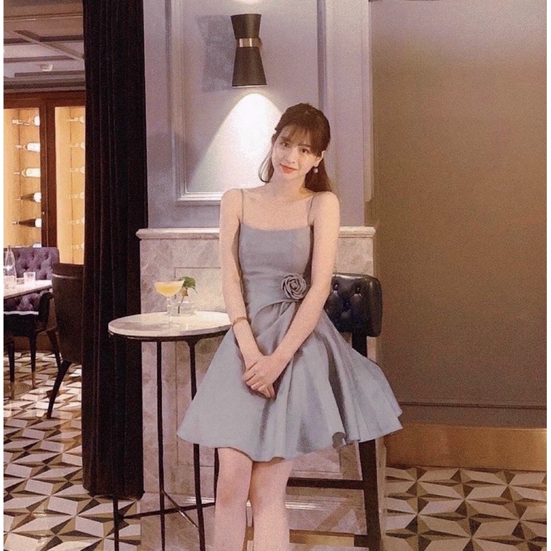 Đầm váy tafta xanh ngắn xoè có mút ngực kèm hoa, thời trang nữ hot girl đi chơi dự tiệc sang trọng dễ thương nhẹ nhàng